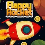 Červená raketa letí vesmírom so zlatými mincami a planétami v pozadí, s nápisom Flappy Rocket