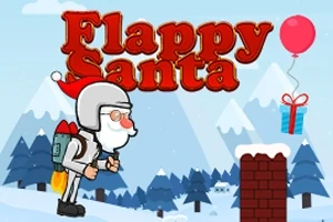 Santa Claus v prilbe s jetpackom na zimnom pozadí s horami, balónom a komínom