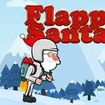 Santa Claus v prilbe s jetpackom na zimnom pozadí s horami, balónom a komínom