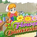Mladá dievčina s červenými vlasmi drží kanvicu na polievanie a stojí vedľa muža s fúzmi, obklopení kvetmi a textom Flower Dimensions