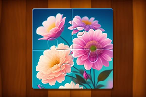 Puzzle so štyrmi dielikmi s farebnými kvetmi na modrom pozadí