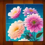 Puzzle so štyrmi dielikmi s farebnými kvetmi na modrom pozadí