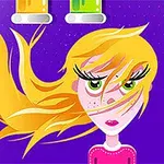 Dievča s dlhými blond vlasmi a zelenými očami na fialovom pozadí s farebnými skúmavkami