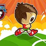 Kreslená postavička futbalistu kopajúceho loptu na ihrisku s farebným pozadím