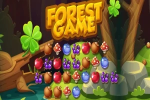 Farebné lesné plody, huby a zelené štvorlístky na hernej obrazovke s nápisom Forest Game