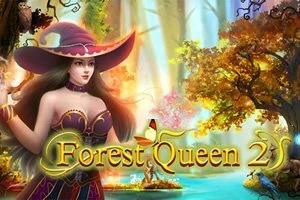 Mladá žena v čarodejníckom klobúku stojí v magickom lese so žiarivými farbami a textom Forest Queen 2 v popredí