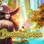Mladá žena v čarodejníckom klobúku stojí v magickom lese so žiarivými farbami a textom Forest Queen 2 v popredí