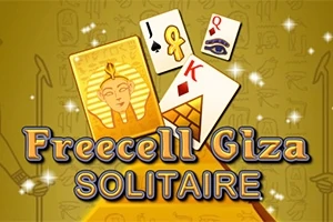 Karty s egyptskými symbolmi a text Freecell Giza Solitaire na zlatom pozadí