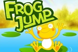 Usmievajúca sa žaba na lekne v jazere so zeleným nápisom „Frog Jump“