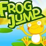 Usmievajúca sa žaba na lekne v jazere so zeleným nápisom „Frog Jump“