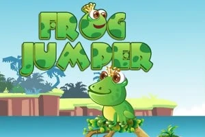 Žaba s korunou sedí na konári s pozadím tropickej krajiny a nápisom Frog Jumper hore