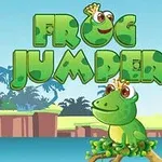 Žaba s korunou sedí na konári s pozadím tropickej krajiny a nápisom Frog Jumper hore