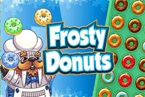 Kreslená postava kuchára, ktorá drží šišky, s farebnými šiškami na zelenom pozadí a textom Frosty Donuts