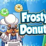 Kreslená postava kuchára, ktorá drží šišky, s farebnými šiškami na zelenom pozadí a textom Frosty Donuts