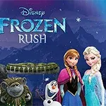 Postavy v zimnom prostredí s usmievavým sobom, dvoma princeznami v šatách, snehuliakom a trolom na pozadí zasnežených hôr