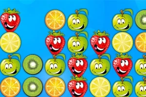 Farebná ilustrácia ovocia s tvárami vrátane jahôd, pomarančov, zelených jabĺk, citrónov a kiwi na modrom pozadí