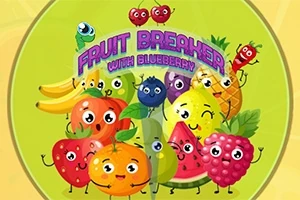 Rozmanité kreslené ovocie s veselými tvárami na svetlo zelenom pozadí s nápisom Fruit Breaker with Blueberry