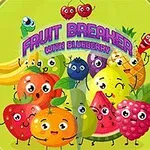 Rozmanité kreslené ovocie s veselými tvárami na svetlo zelenom pozadí s nápisom Fruit Breaker with Blueberry