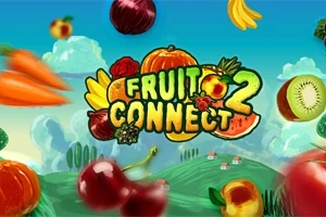 Farebná grafika s logom Fruit Connect 2 obklopená rôznymi druhmi ovocia a zeleniny na pozadí modrej oblohy a zelenej krajiny