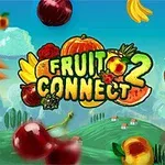 Farebná grafika s logom Fruit Connect 2 obklopená rôznymi druhmi ovocia a zeleniny na pozadí modrej oblohy a zelenej krajiny