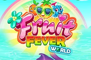 Farebný nápis Fruit Fever World s kreslenými postavičkami ovocia a dúhou na pozadí