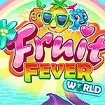 Farebný nápis Fruit Fever World s kreslenými postavičkami ovocia a dúhou na pozadí