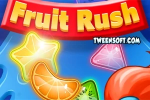 Farebné kúsky ovocia a hviezd na modrom pozadí s nápisom Fruit Rush