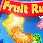 Farebné kúsky ovocia a hviezd na modrom pozadí s nápisom Fruit Rush