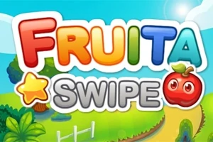 Farebný nápis Fruita Swipe s hviezdou a obrázkom jablka na pozadí krajiny s modrou oblohou