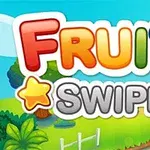 Farebný nápis Fruita Swipe s hviezdou a obrázkom jablka na pozadí krajiny s modrou oblohou