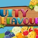 Farebné ovocie s očami a úsmevmi na pozadí drevenej tabuľky s nápisom FRUITY FLAVOUR