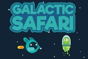 Nápis GALACTIC SAFARI s kreslenou postavou vesmírneho zajaca a zeleného mimozemšťana na tmavomodrom pozadí s hviezdami
