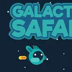 Nápis GALACTIC SAFARI s kreslenou postavou vesmírneho zajaca a zeleného mimozemšťana na tmavomodrom pozadí s hviezdami