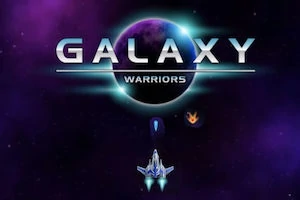 Vesmírna scéna s textom GALAXY WARRIORS a modrou vesmírnou loďou s útočiacim ohňom