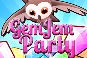 Ružový nápis „Gem Jem Party“ na pozadí s farebnými drahokamami a kreslenou sovou
