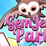 Ružový nápis „Gem Jem Party“ na pozadí s farebnými drahokamami a kreslenou sovou