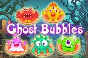 Farebné kreslené príšerky so štylizovaným lesným pozadím a nápisom Ghost Bubbles