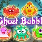 Farebné kreslené príšerky so štylizovaným lesným pozadím a nápisom Ghost Bubbles
