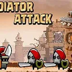 Dvaja kreslení bojovníci s mečmi a štítmi pred starovekou zrúcaninou na pozadí s nápisom Gladiator Attack