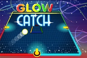 Farebná grafika so svietiacim textom Glow Catch na mriežkovanom pozadí s jasnými okrajmi a mnohými hviezdami