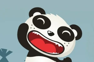 Roztomilá kreslená panda s otvorenými ústami a veselým výrazom na modrom pozadí
