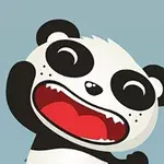 Roztomilá kreslená panda s otvorenými ústami a veselým výrazom na modrom pozadí