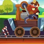 Štýlová kreslená ilustrácia baníka na vozíku s navijakom pohybujúcim sa po vláčikovej trati v prírodnom prostredí