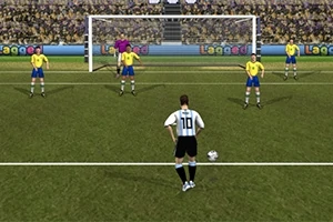 Futbalista s číslom 10 sa pripravuje na penalty kop proti brankárovi a štyrom obrancom v žltých dresoch na trávniku