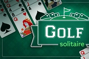 Karty s motívom kráľovnej a znakmi piky na zelenom pozadí s nápisom Golf Solitaire