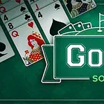 Karty s motívom kráľovnej a znakmi piky na zelenom pozadí s nápisom Golf Solitaire