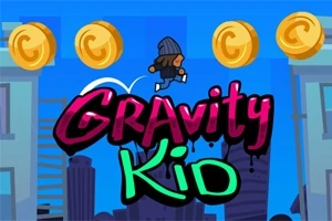 Chlapec s čiapkou skáče nad mestom, obklopený veľkými zlatými mincami, s farebným nápisom „Gravity Kid“ v popredí