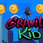 Chlapec s čiapkou skáče nad mestom, obklopený veľkými zlatými mincami, s farebným nápisom „Gravity Kid“ v popredí