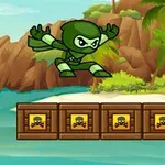 Animovaný zelený ninja skáče nad radom drevených dební na tropickom ostrove s palmovými stromami