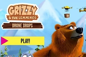 Hnedý medveď a niekoľko dronov na pozadí hôr, s tlačidlom play a logom hore